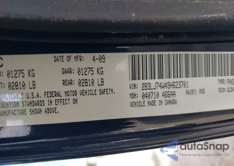 2009 Dodge Challenger Srt8 from USA, damaged, VIN 2B3LJ74W49H623701